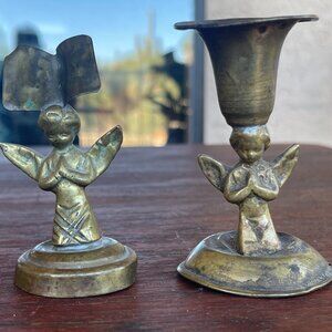 Vintage Brass OR Brass Angel Candlestick & Figurine – Set of 2 – Classical Style